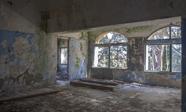 Ruins in the ghost town of Eleousa, former sanatorium for tuberculosis, Lost Place, Rhodes, Dodecanese, Greek island, Greece, Europe