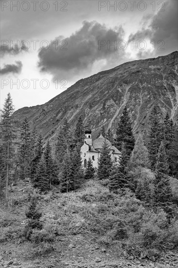 Lake Chapel Maria am See, Obernberger See, mountain lake, landscape of the Stubai Alps, weather mood, Lake Chapel Maria am See, black and white photography, Obernberger See, mountain lake, landscape of the Stubai Alps, weather mood, Obernberg am Brenner, Tyrol, Austria, Europe