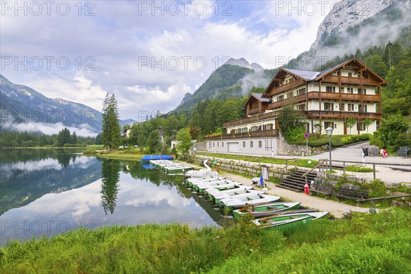 Haus Seepanorama am Hintersee, holiday flats, jetty with boats, Ramsau, Berchtesgaden National Park, Berchtesgadener Land, Upper Bavaria, Bavaria, Germany, Europe