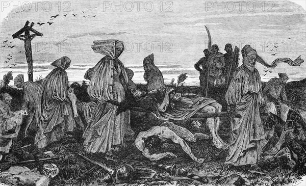 Women after the battle on the battlefield, Dithmarschen, Schleswig-Holstein, dead, wounded, fallen, stretcher, carrying, disaster, battle, weapons, Jesus' crucifixion, Germany, historical illustration 1880, Europe