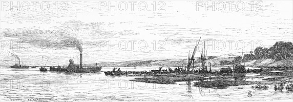 Amber dredger on the Curonian Spit, Curonian Lagoon, Lithuania, amber, dredger, tree resin, fossilisation, economy, trade, shore, historical illustration 1880, Europe