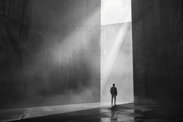 Silhouette of a man standing in a dreary hall, sunlight shining down through a gap, symbolising hope, depression, life crisis, grief, redemption, faith, psychology, AI generated, AI generated, AI generated