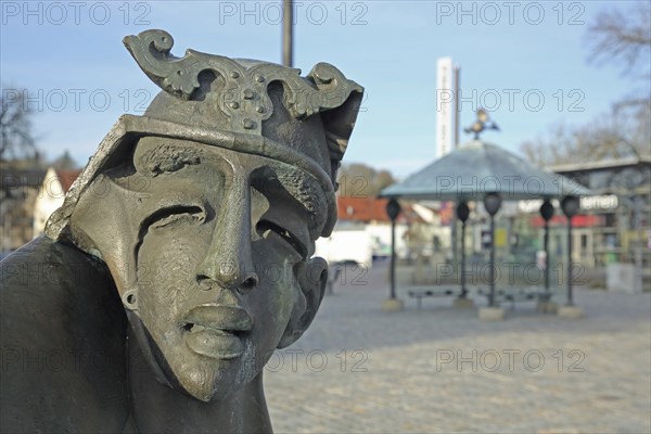 Sculpture Fountain Ansbachchantin by Jürgen Goertz, head, face, nose, mouth, abstract, modern art, bizarre, whimsical, black, bronze, Schlossplatz, Promenade, Ansbach, Middle Franconia, Franconia, Bavaria, Germany, Europe