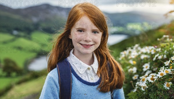 Red-haired girl with freckles smiles gently in a peaceful rural setting, Ireland, ki generated, AI generated, Europe