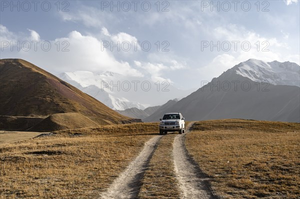 Off-road vehicle on a track between yellow meadows, glaciated high mountain peaks in the background, Lenin Peak, Trans Alay Mountains, Pamir Mountains, Osh Province, Kyrgyzstan, Asia