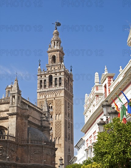 La Giralda tower of the cathedral originally built as a Moorish minaret in the twelfth century, Seville, Spain, Europe