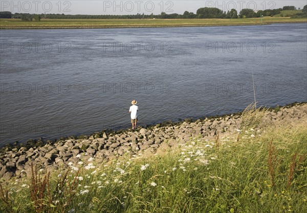 Man standing alone fishing in River Maas, Ablasserdam, Netherlands