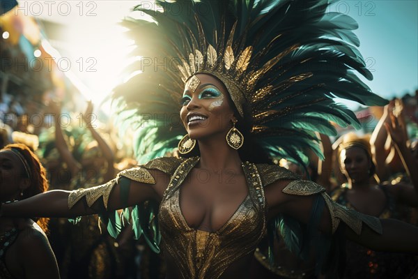 Captivating image capturing the essence of the Rio Carnival, showcasing a dancer adorned in an elaborate, vibrant costume, embodying the spirit and energy of this iconic festival, AI generated