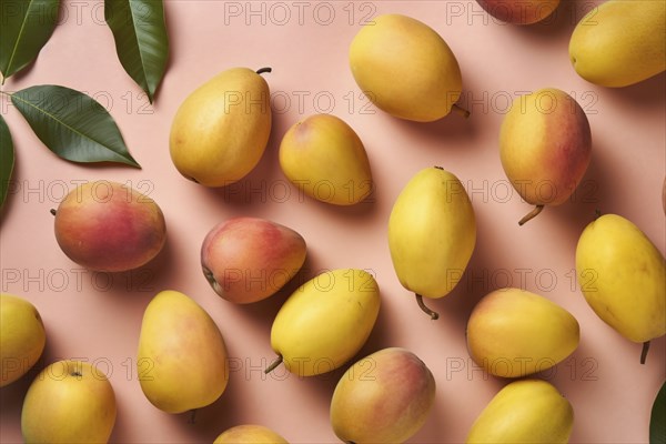 Top view of mango fruits on pink background. KI generiert, generiert AI generated