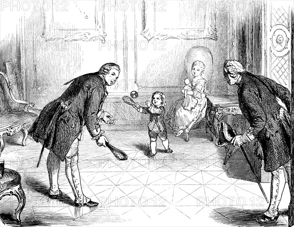 Frederick William I playing ball with his children, Prussian history, salon, ball game, family, leisure, racket, servant, furniture, historical illustration 1882