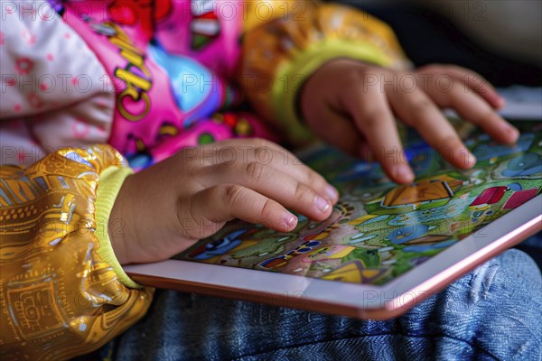 Close up of young toddler child's hands playing game on computer tablet. Generative Ai, AI generated