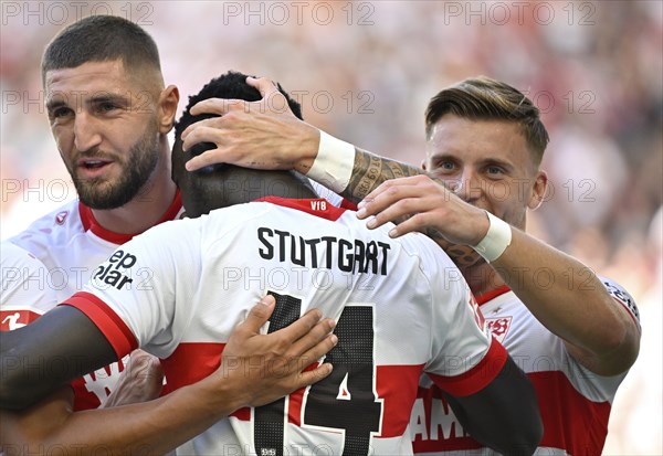 Goal celebration Silas Katompa Mvumpa VfB Stuttgart (14) (centre) Jeff Chabot VfB Stuttgart (24), (left) Ermedin Demirovic VfB Stuttgart (09) (right) MHPArena, MHP Arena Stuttgart, Baden-Württemberg, Germany, Europe