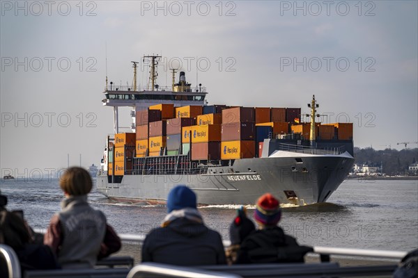 Trip with the Hadag harbour ferry on the Elbe, shortly in front of Finkenwerder, feeder ship Neuenfelde, Hamburg, Germany, Europe