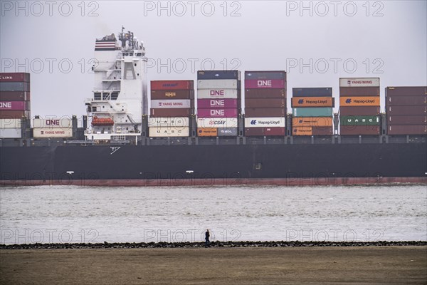 Thick fog in winter, hanging over the mouth of the Elbe into the North Sea, container ship NYK Venus, entering the Lower Elbe, Cuxhaven, Lower Saxony, Germany, Europe