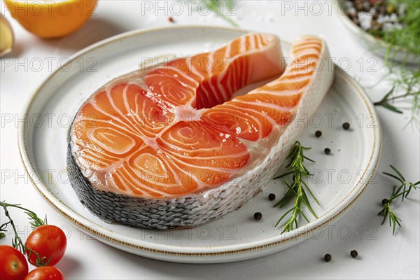 Raw salmon fish steak on plate. Generative ai, AI generated