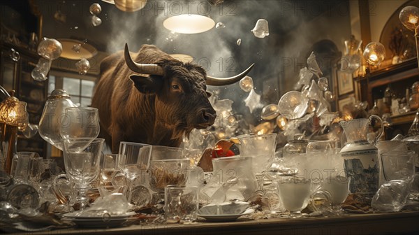 Very large bull with horns running through a China shop filled with glassware. generative AI, AI generated