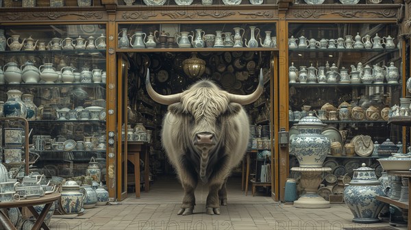 Very large bull with horns in a China shop filled with glassware. generative AI, AI generated