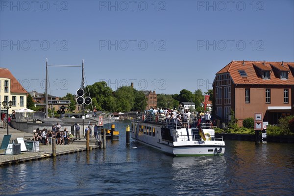 Europe, Germany, Mecklenburg-Western Pomerania, island town of Malchow, Lake Malchow, at the swing bridge, excursion boat, Malchow, Mecklenburg-Western Pomerania, Germany, Europe