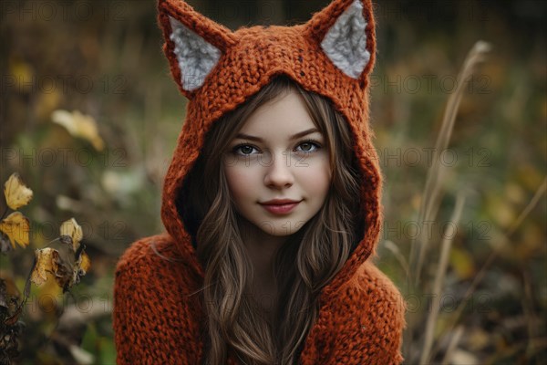 Pretty young woman wearing a fox sweater with ears in autumn forest. Generative Ai, AI generated