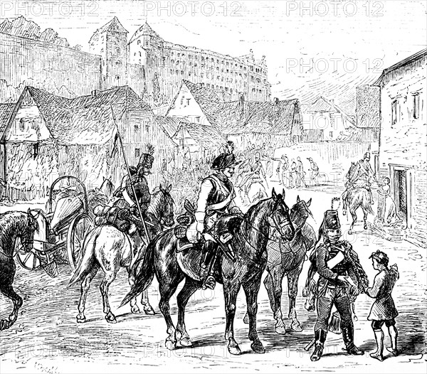 Prussian cavalry gathers, ready to march, soldiers in uniform, luggage, square, building, farewell, child, woman, cityscape, castle, Prussia, historical illustration 1882