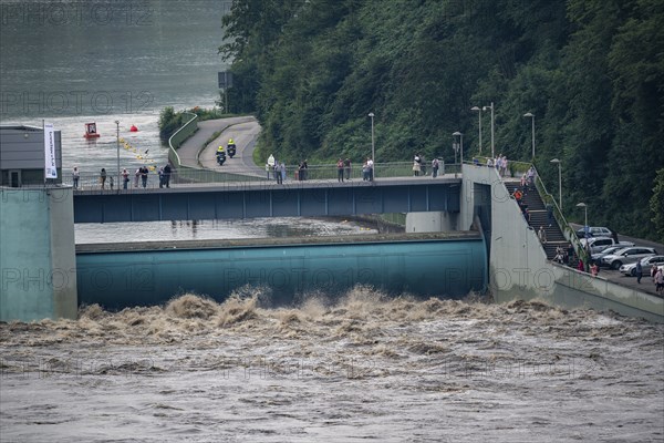 Weir of the Lake Baldeney in Essen, the masses of water roar through the open weirs, high water on the Ruhr, after long heavy rains the river came out of its bed and flooded the landscape and villages, the highest water level ever measured, North Rhine-Westphalia, Germany, Europe