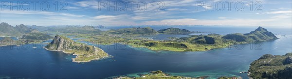 Panorama view from top of mountain Stornappstind to island Offersøya (left) and island Vestvågøy, Lofoten, Norway, Europe