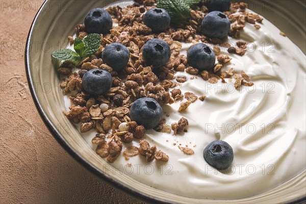 Yogurt with chocolate muesli, with berries, blueberries, breakfast, close-up, fork on top, no people