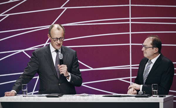 Friedrich Merz, Chairman of the CDU/CSU parliamentary group in the German Bundestag and Alexander Dobrindt, First Deputy Chairman of the CDU/CSU parliamentary group in the German Bundestag recorded at the event, Wir hören zu | Gipfel der CDU/CSU-Fraktion I Wirtschaftswende für Deutschland at the German Bundestag in Berlin, 1 February 2024