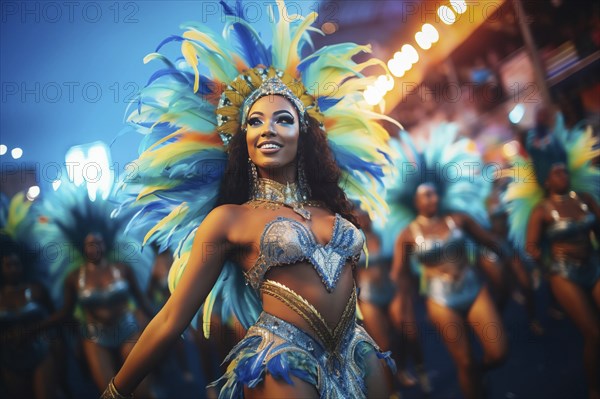 Captivating image capturing the essence of the Rio Carnival, showcasing a dancer adorned in an elaborate, vibrant costume, embodying the spirit and energy of this iconic festival, AI generated