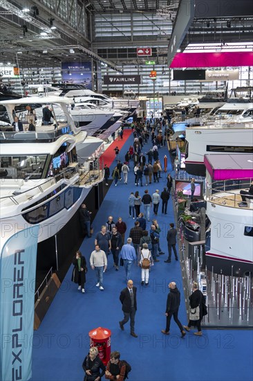 Large yachts, luxury yachts, in Hall 6 of BOOT 2024, the world's largest yacht and water sports trade fair in Düsseldorf, North Rhine-Westphalia, Germany, Europe