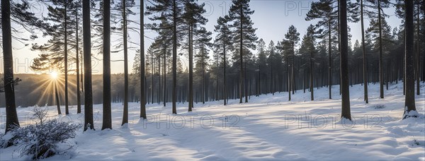 Peaceful snowy forest clearing at dawn with snow softly blanketing the ground and frost-covered pine trees, AI generated