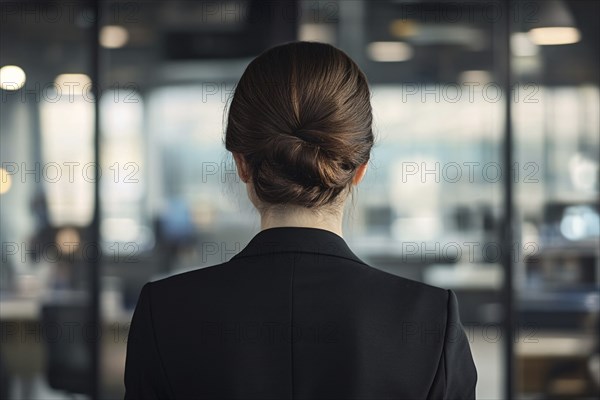 Back view of business woman in office. Generative Ai, AI generated