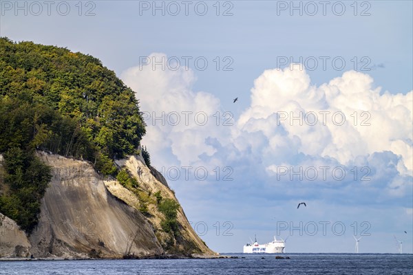 The chalk cliffs of Rügen, cliffs of the Stubbenkammer, in the Jasmund National Park, view of the Baltic Sea and the chalk cliffs coast, ferry, offshore wind farm, between Sassnitz and Lohme, Mecklenburg-Western Pomerania, Germany, Europe