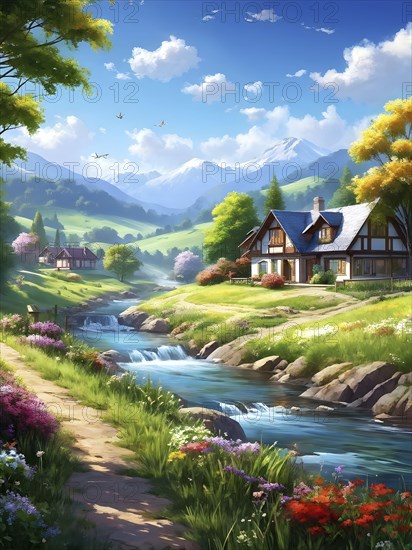 AI generated illustration of colorful countryside houses nestled in a spring or summer scenery with blooming flowers