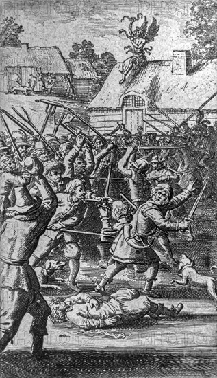 Peasants resist plundering soldiers, 17th century engraving by Dutch engraver and preacher Abraham Dircksz van Santvoort, the Netherlands