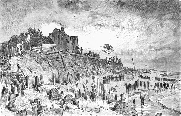 Shore protection on the steep coast, Baltic Sea, Mecklenburg-Western Pomerania, Germany, beach, erratic blocks, wooden planks, building, historical illustration 1880, Europe