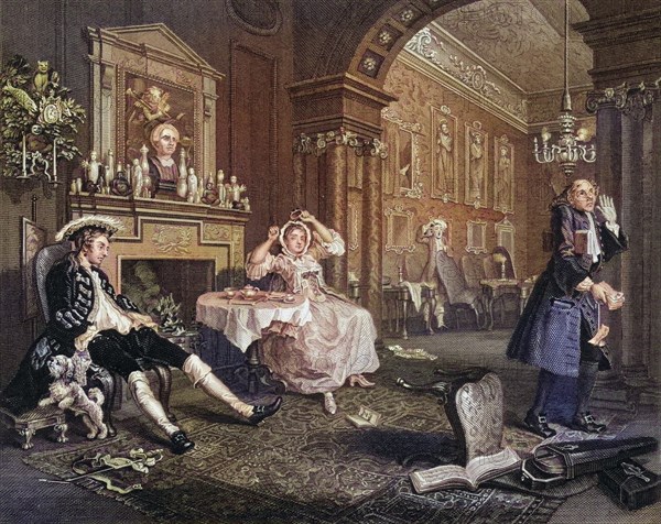 Marriage a la Mode Breakfast Scene From the original picture by Hogarth from The Works of Hogarth published London 1833, Historic, digitally restored reproduction from a 19th century original, Record date not stated