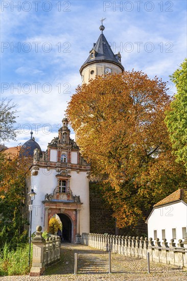 Gatehouse and keep of Wiesenburg Castle in autumn, International Art Trail, Hoher Fläming nature park Park, Brandenburg, Germany, Europe