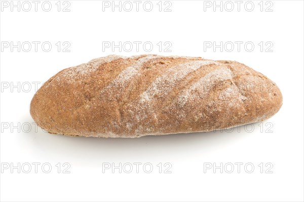 Fresh homemade bread with flour isolated on white background. side view, close up