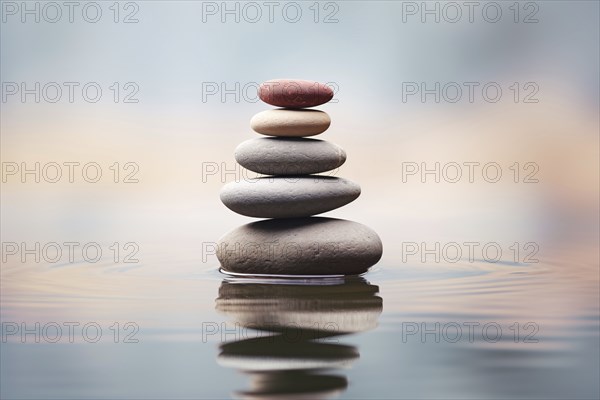 Stack of zen stones on water with a nature background. The image conveys a sense of balance, harmony, and peace. Suitable for use in wellness, therapy, and relaxation concepts Stack of zen stones on water with a nature background. Suitable for use in wellness, therapy, and relaxation concepts, AI generated