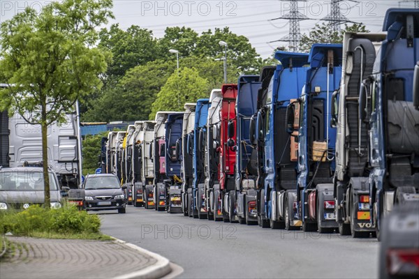 Truck tractors, exclusively from Eastern European countries, park in the harbour area, the canal port of Herne, the drivers wait for the next transport operation, spend their rest periods there, North Rhine-Westphalia, Germany, Europe