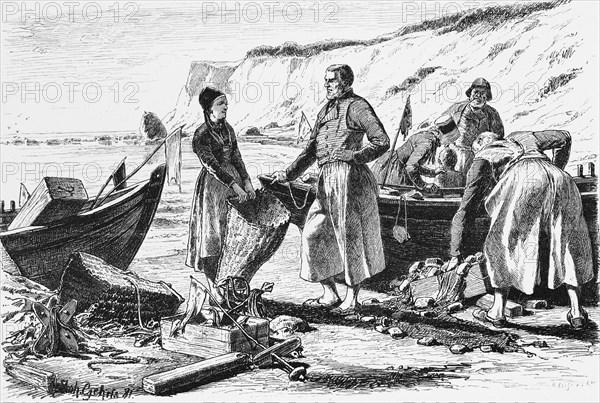 Traditional costumes on the Mönchgut peninsula, island of Rügen, Baltic Sea, Mecklenburg-Western Pomerania, Germany, steep coast, boats, woman, men, fishermen, fishing net, baskets, historical illustration 1880, Europe