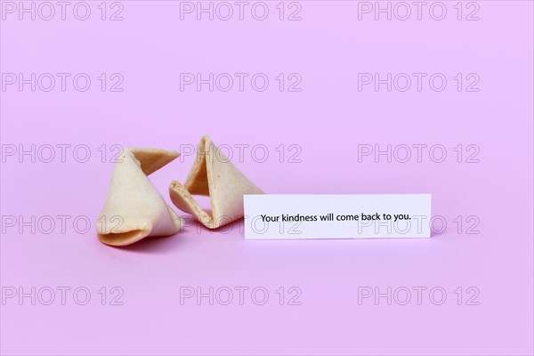 Fortune cookie with motivational text saying 'Your kindness will come back to you on pink background