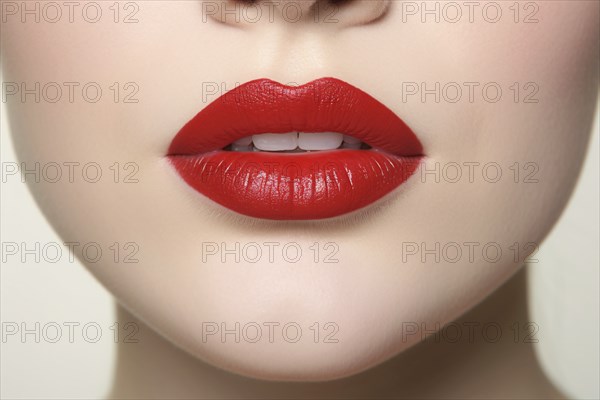 Close up of woman's mouth with bright red lipstick. KI generiert, generiert AI generated