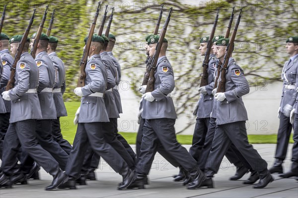 Soldiers from the Bundeswehr Guard Battalion, photographed during a reception with military honours in the courtyard of the Federal Chancellery in Berlin, 12.04.2024