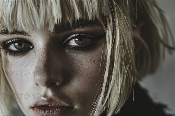 Portrait of young attractive woman with blond hair with bob hairstyle with bangs and and black eye makeup. KI generiert, generiert, AI generated