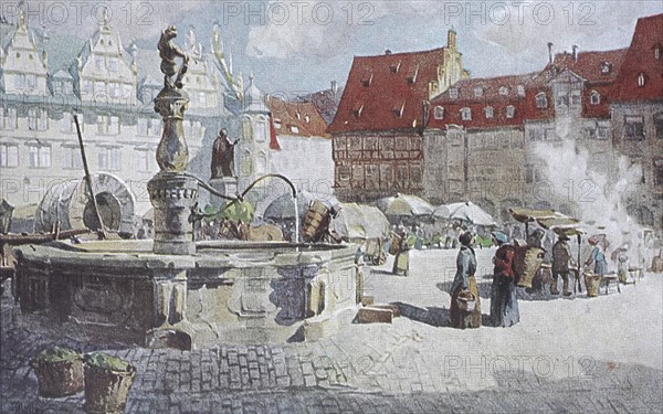 Historic, digitally restored reproduction from a 19th century original, Record date not stated, The market square in 1910, Coburg, Upper Franconia, Bavaria, Germany, Europe