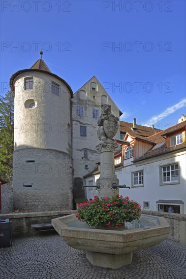 Bear fountain with town coat of arms in front of the historic castle, tower, fountain, bear figure, Meersburg, Obersee, Lake Constance, Lake Constance area, Baden-Württemberg, Germany, Europe