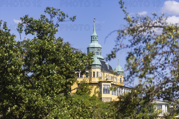 Weingut am Goldenen Wagen. The Spitzhaus is a former summer residence in the Saxon town of Radebeul. The building, which can be seen from afar, is located on the edge of the slope of the Elbe valley basin above Hoflößnitz in the Oberlößnitz district. Even after its renovation and reopening in 1997, the heritage-protected (1) landmark of Radebeul at Spitzhausstraße 36 still serves as an excursion restaurant with a sweeping view over the Elbe valley and as far as Dresden, vineyards in Radebeul, Radebeul, Saxony, Germany, Europe