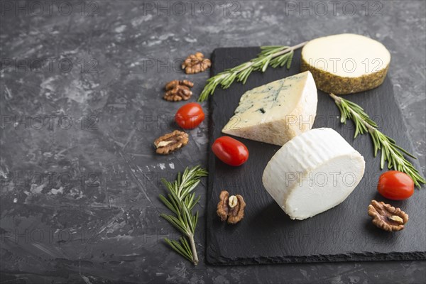 White goat cheese and various types of cheese with rosemary and tomatoes on black slate board on a black concrete background. Side view, copy space, selective focus